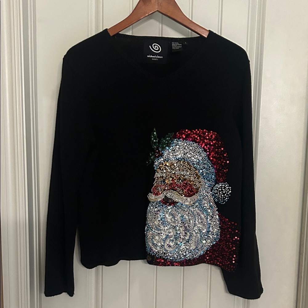 Michael Simon L Black Sequin Santa Sweater